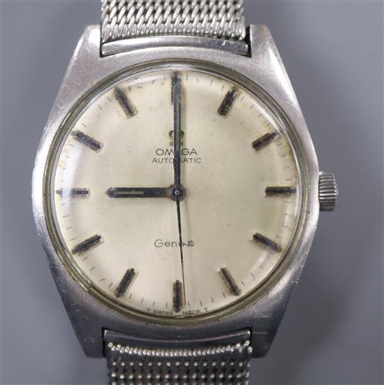 A gentlemans stainless steel Omega automatic wrist watch, on Omega mesh bracelet.